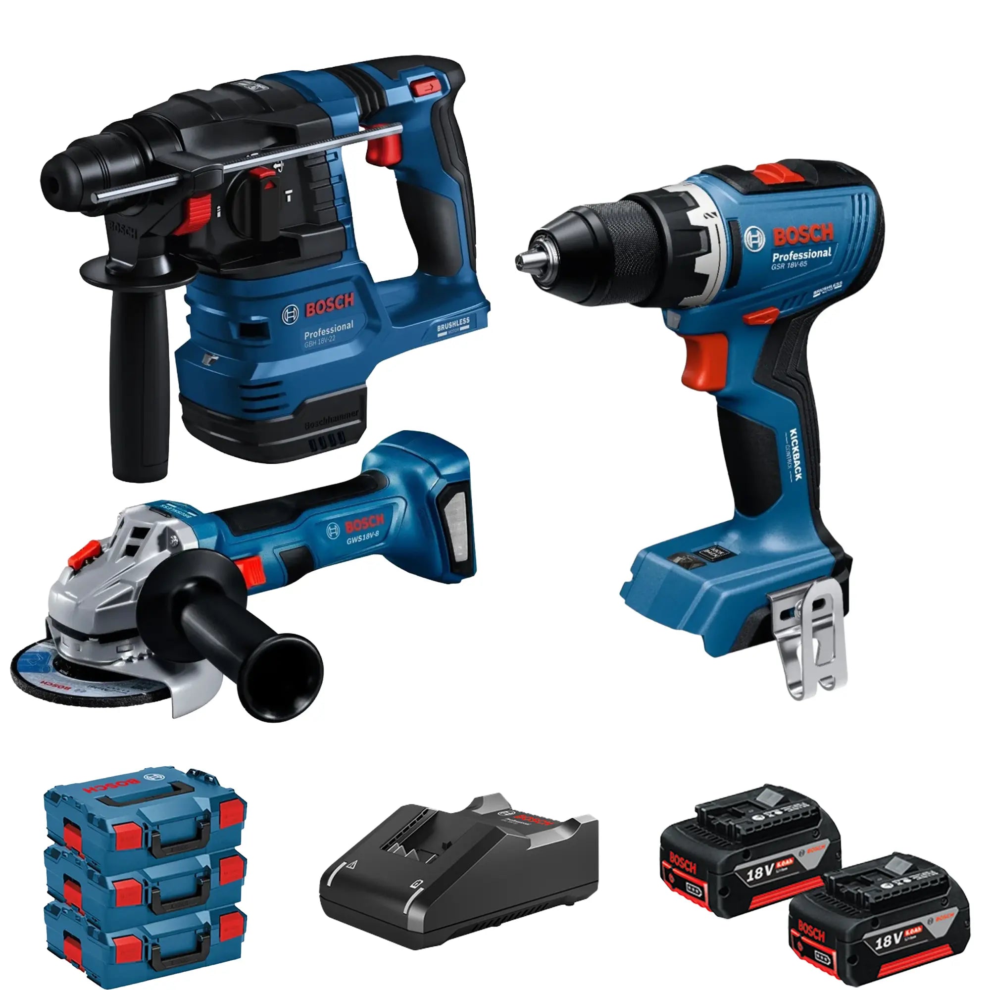 Set mit 3 Elektrowerkzeugen Bosch GSR + GBH + GWS 18V 5Ah