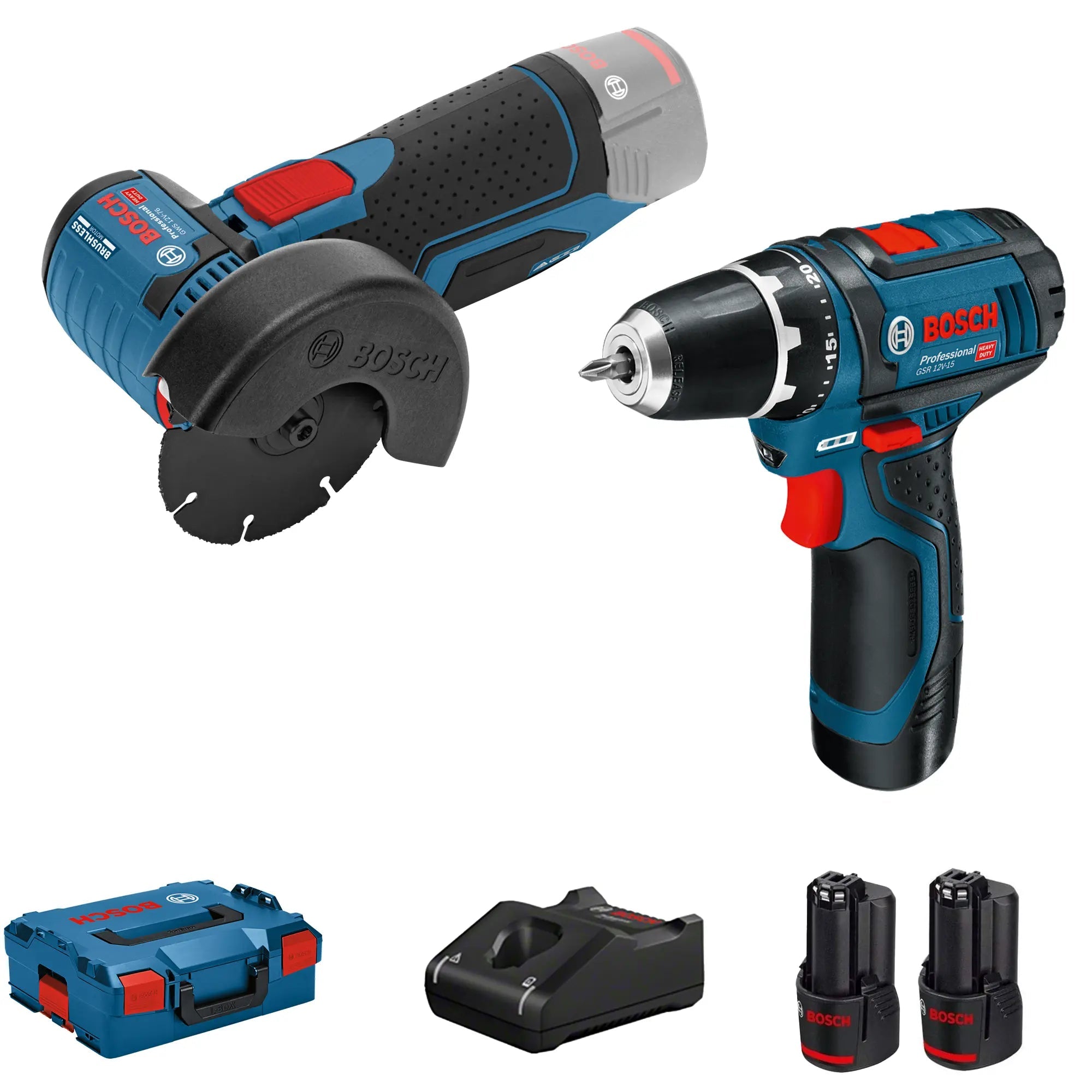 Kombi-Set Bosch Professionelles GSR 12V-15 + GWS 12V-76 12V 2Ah